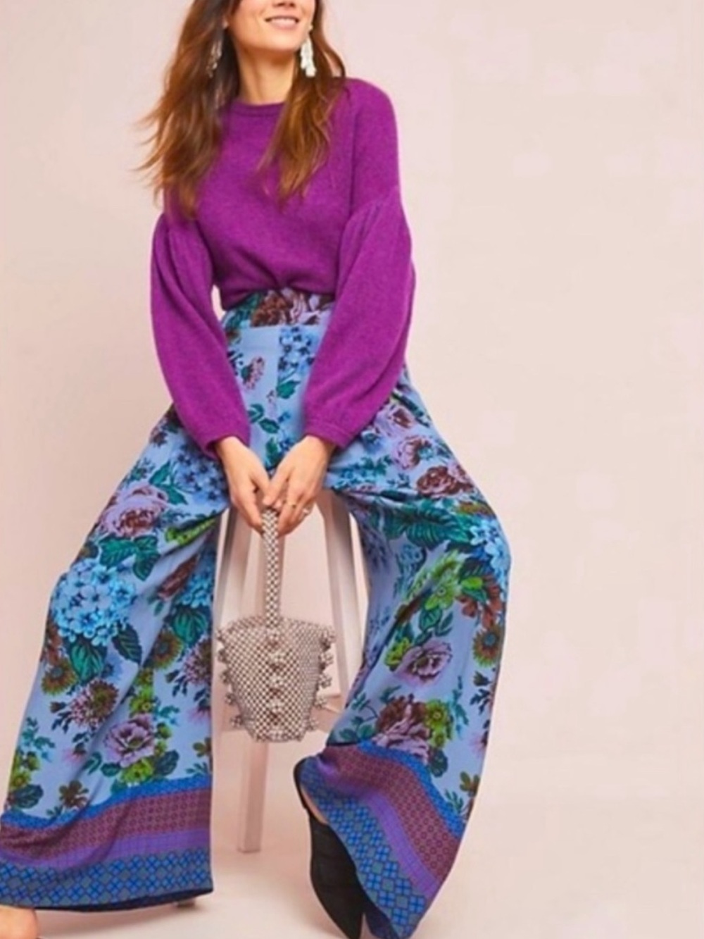 Anthropologie Mauve Terrace Wide Leg Palazzo Pants Blue Purple Floral Womens 2